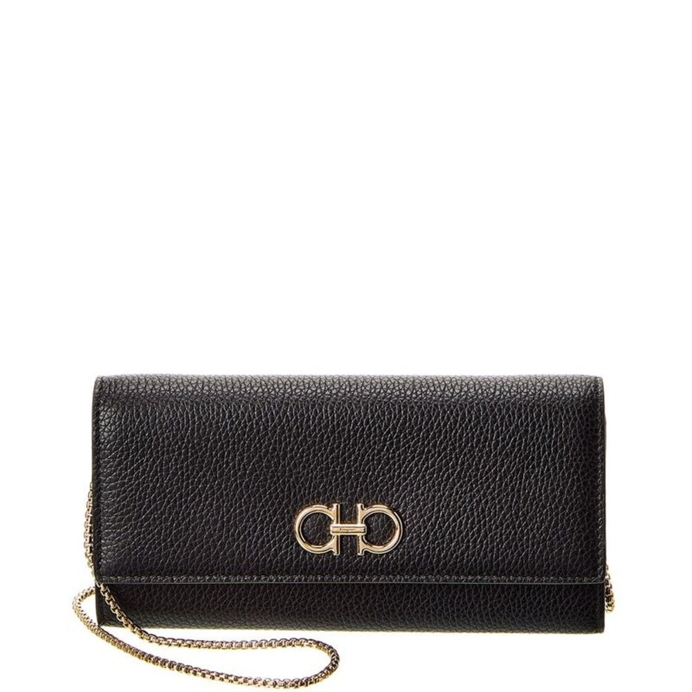 Ferragamo Gancini Leather Wallet On Chain, Black
